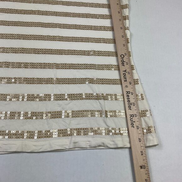 LOFT Sequin T-Shirt Ivory Gold Striped Short Sleeve Boat Neck Top Stretch Tee XS - Picture 7 of 11